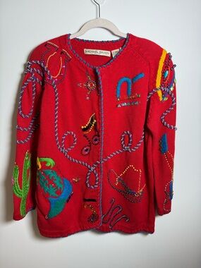MICHAEL SIMON | Vintage 90s Novelty Embroidered Cowboy Western Cardigan